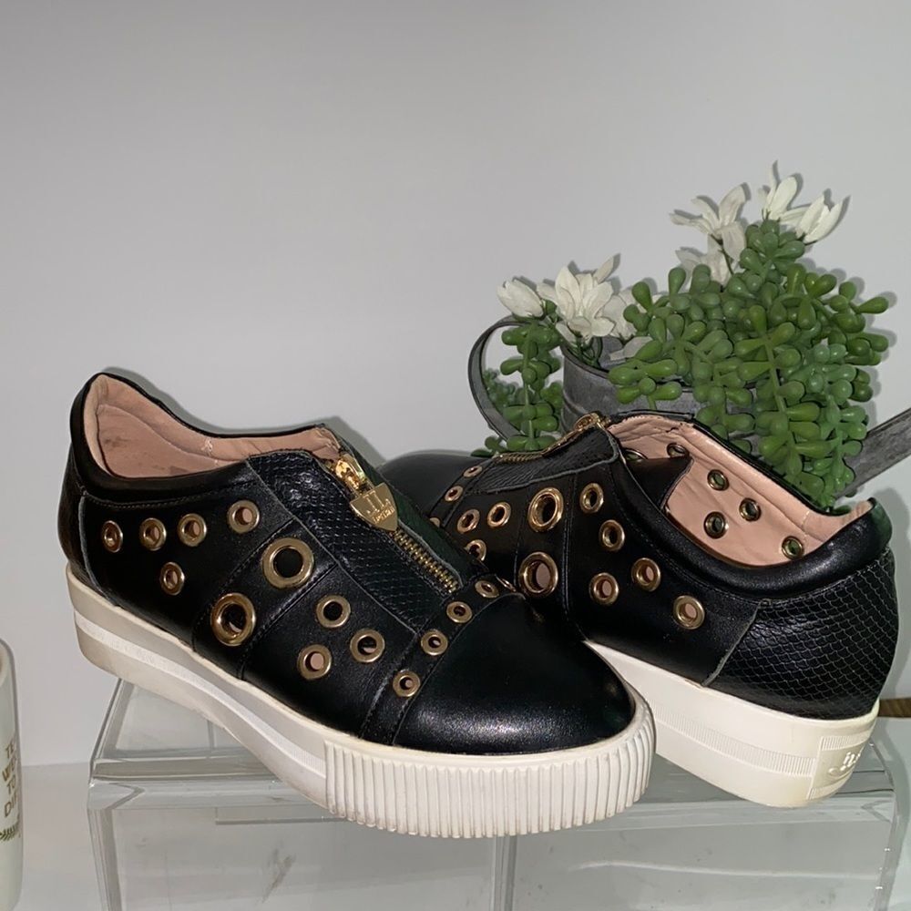 LORIBLU Platform‎ Grommet And Zip Creeper Chunky Embellished Sneakers Black  7.5